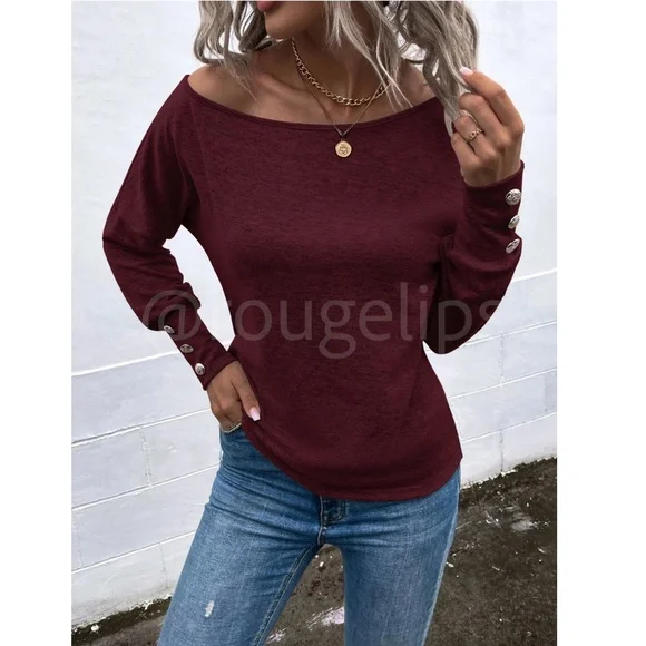 Burgundy One Cold Shoulder Asymmetric Boat Neck Long Sleeve Tee Shirt - Picture 5 of 9
